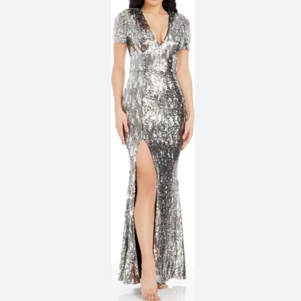 Dress the Population Silver Sequin Maxi Dress with V-Neck and Front Slit